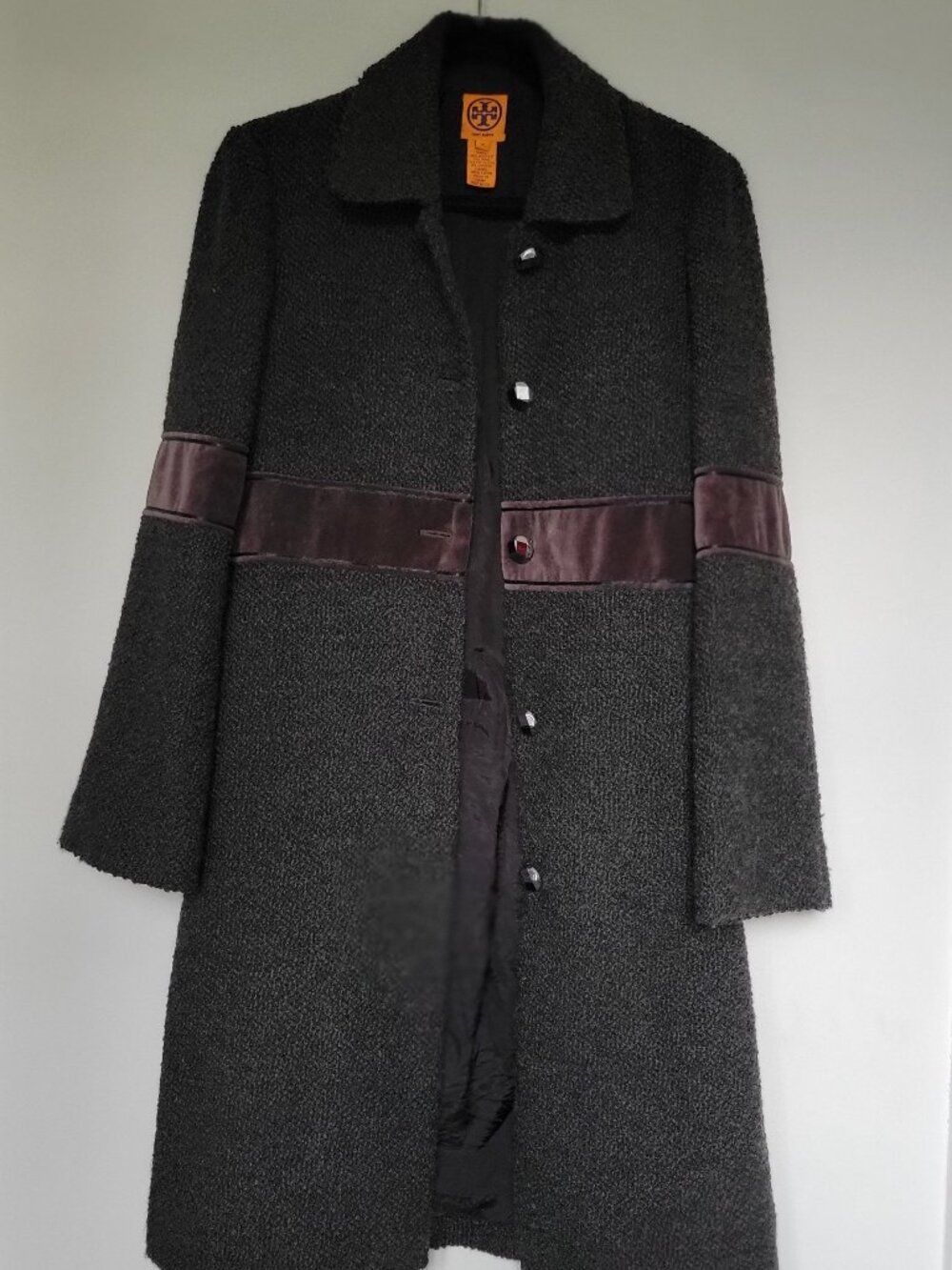 Tory Burch Long Coat Wool Logo Velvet Trim Bouclé Preppy Tweed Size 10